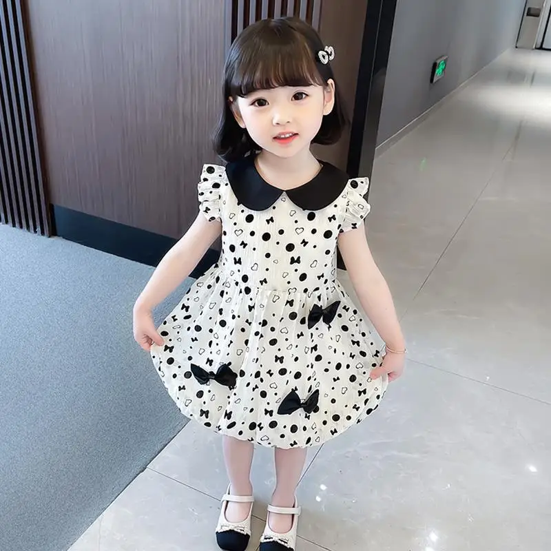 Vestido casual diário de verão para bebês, colarinho de boneca, saia de princesa, estilo estrangeiro, 2-8 anos