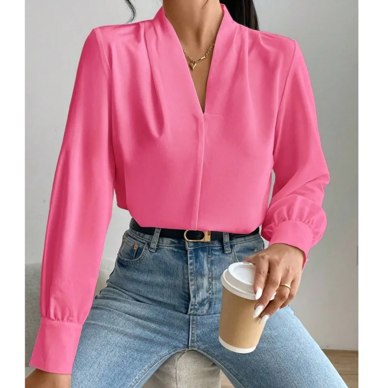 2024 Spring and Autumn Winter New Office Women\'s Long Sleeve Shirt Design Sense V-neck Solid Color Loose Top Autumn Shirt