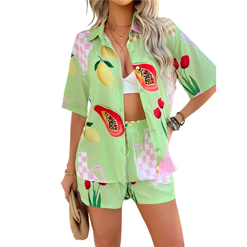 

ABP-Women's Soft Summer Floral Tropical Print V Neck Tee Short Sleeve Button Top Shorts 2 Piece Sets