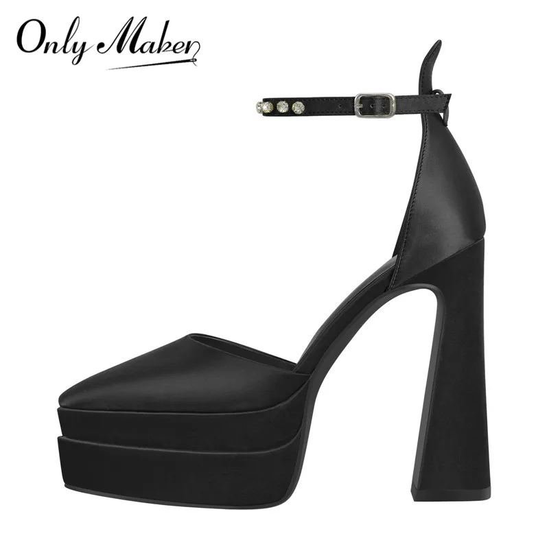 Onlymaker Women Platform Pumps Mary-Jane  Black Pink Chunky 16CM High Heels Ankle Strap Dress Party Hoof Heel Big Size Heels