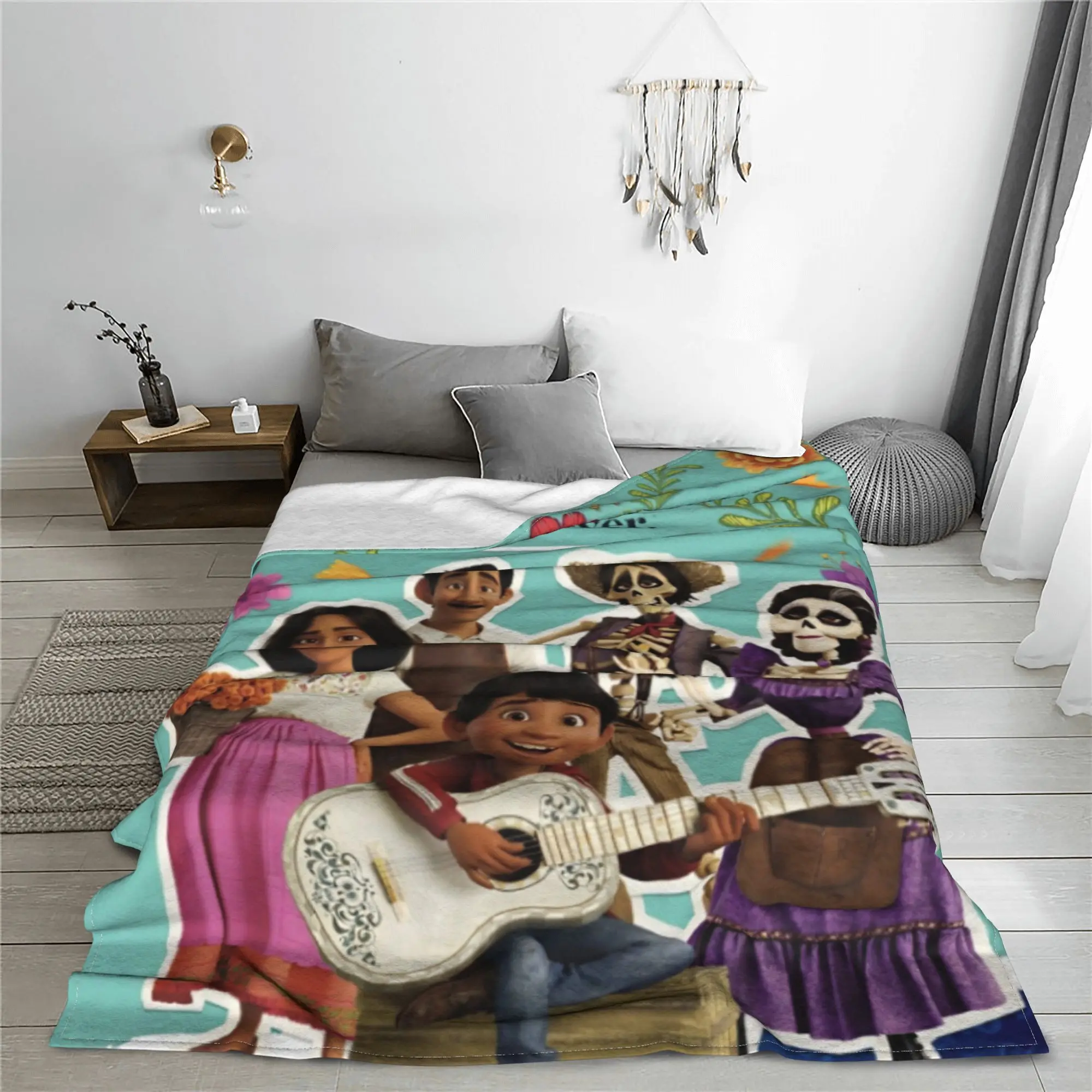 C-Coco Day of The Dead Cartoon Blanket Guitar Thankgiving Flannel Novelty Warm Throw Blankets for Bedroom Winter Travel