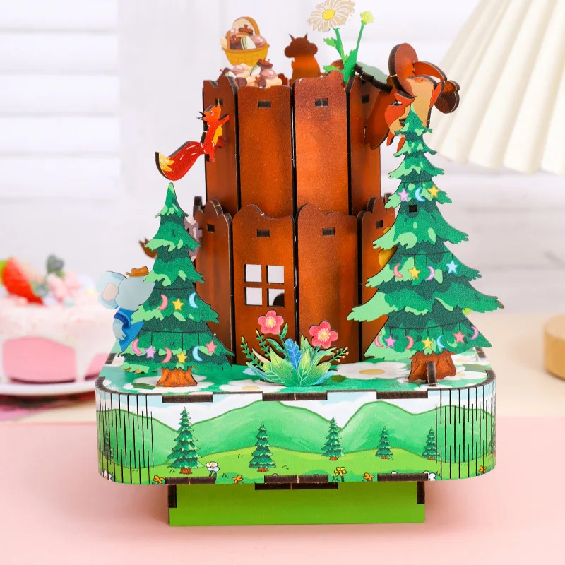 Caja de música de bosque de animales de madera 3D DIY, Kits de modelos en miniatura, rompecabezas que se puede mover para amigos, regalos de cumpleaños, decoración del hogar