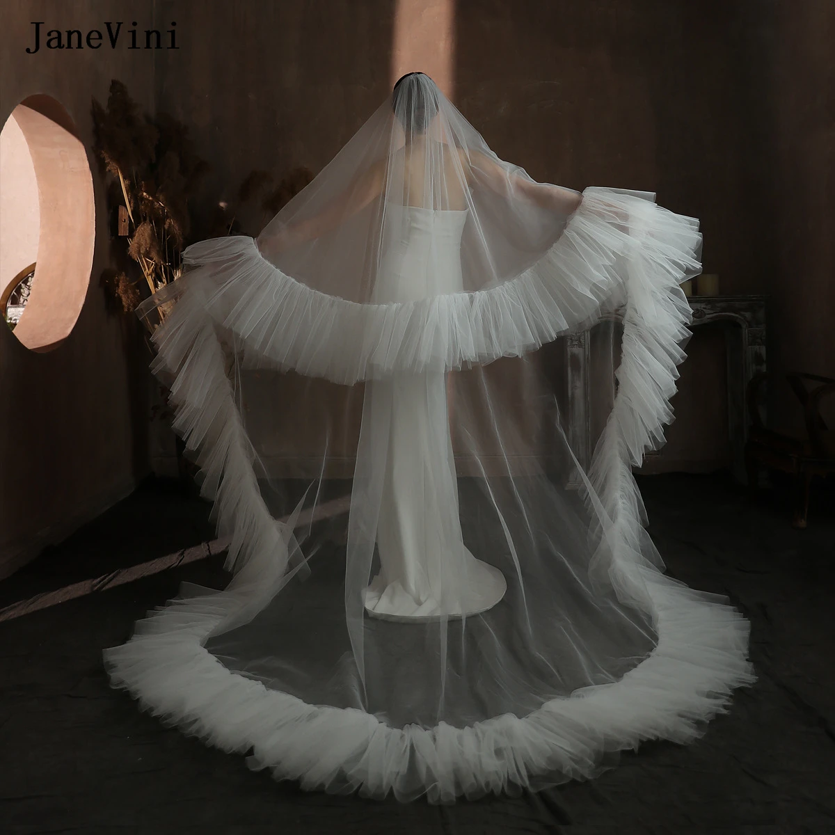 

JaneVini новая роскошная европейская часовня Off White фата с расческой и оборками по краям двухслойная фата свадебные аксессуары для волос невесты