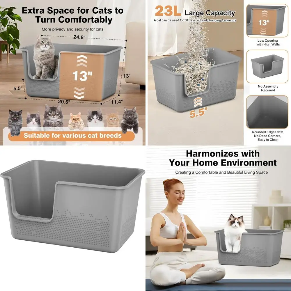 

Очень большой лоток для кошек крупных пород, с высокими бортиками, 24,8 длина x 11,4 ширина x 13 высота, сборка без инструментов, серый