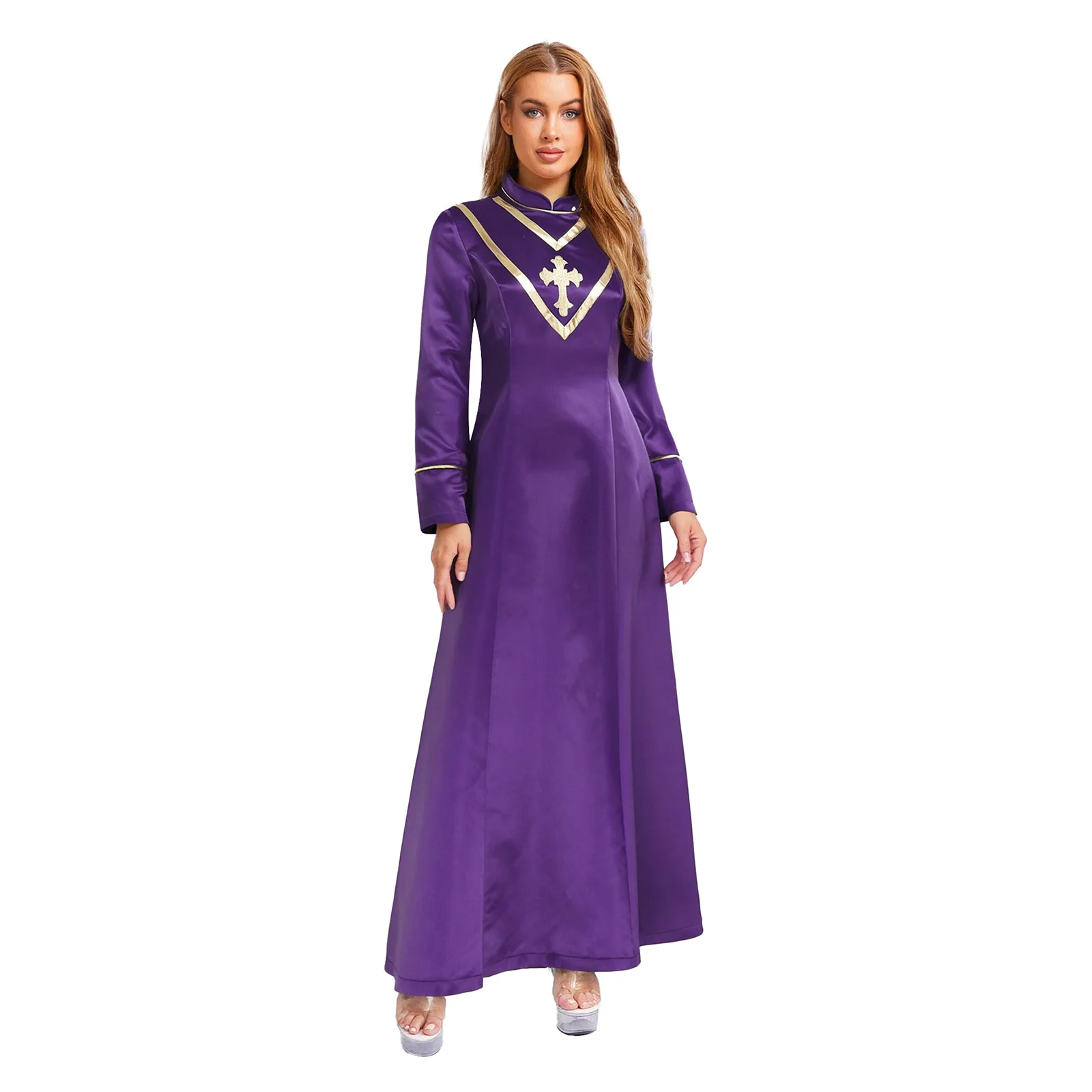 

Women Priest Cleric Cassocks Embroidered Cross Robes Metallic Trim Long Sleeve Long Robe for Halloween Church Clergy Cosplay