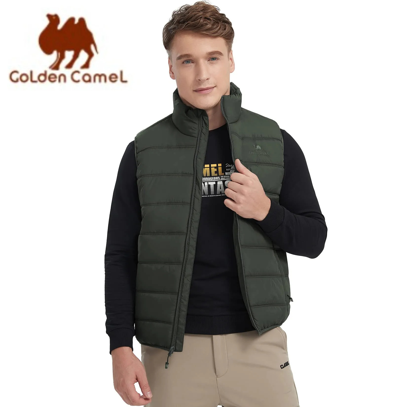 Chaleco acolchado de CAMEL dorado para hombre, abrigos de invierno, chaquetas acolchadas sin mangas, chaleco informal para el trabajo, viajes y Camping