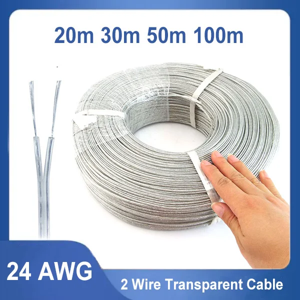 20M-100M 24AWG 2 Wire Transparent Parallel Cable DC Power Extension Cable for LED Light Strip Connect Electric DIY Wire