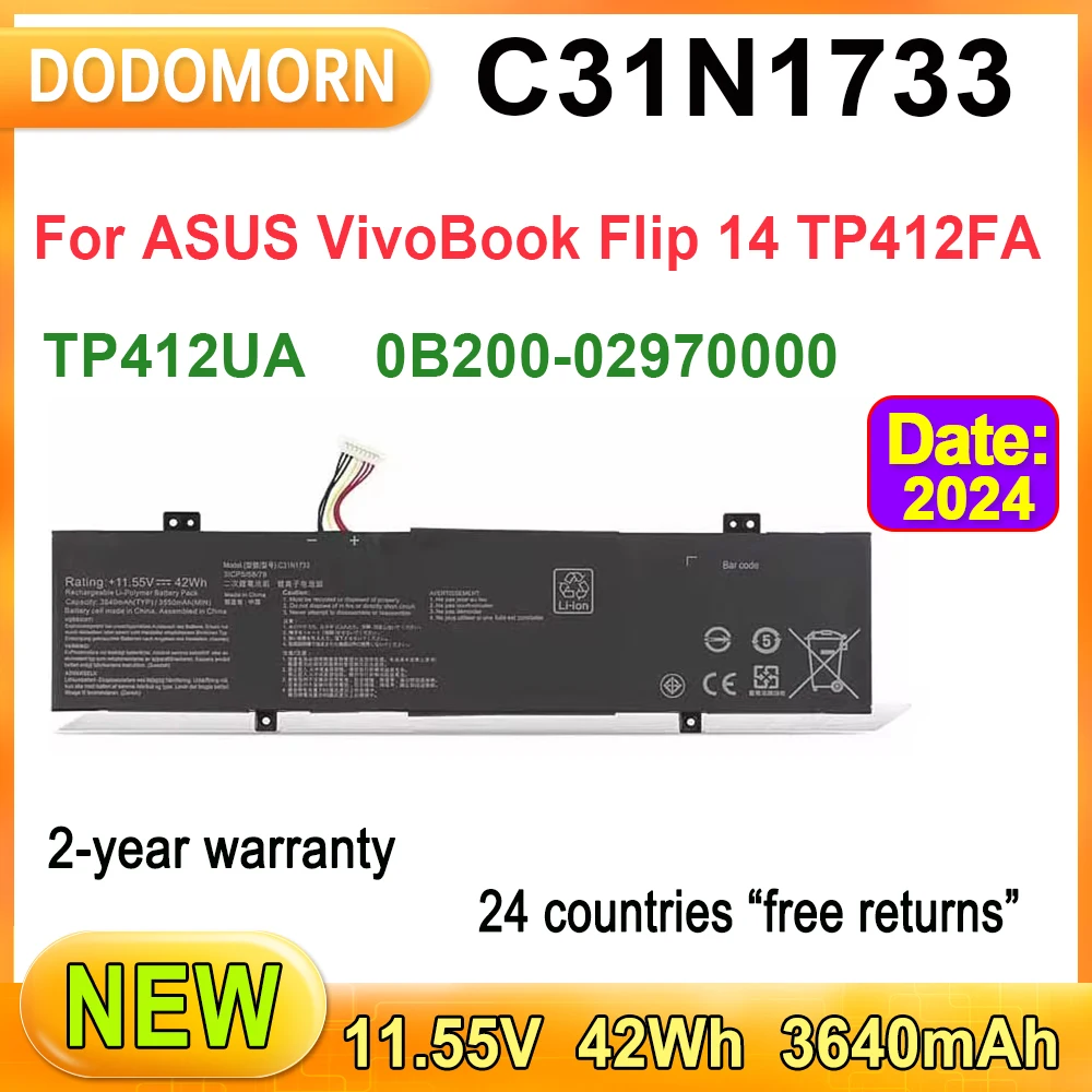 New Laptop Battery C31N1733 For ASUS VivoBook Flip 14 TP412FA TP412UA Series 11.55V 42Wh 3640mAh High Quality 2 Year Warranty