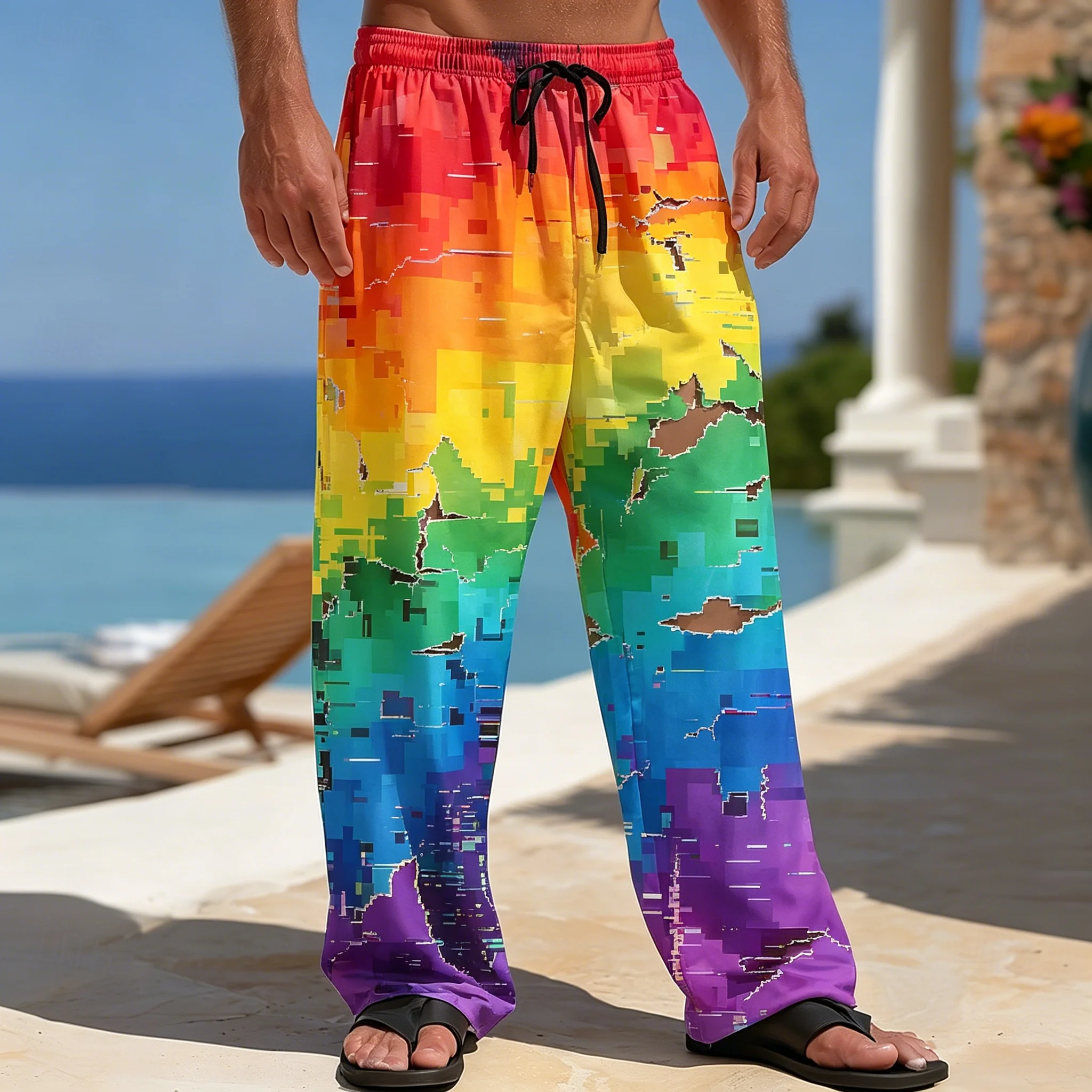 

Men's Rainbow Pixel Glitch Print Drawstring Wide Leg Pants, Casual Loose Trousers for Spring Summer Beach & Daily Wear