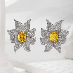 SENYU Fashion Flame Flower Luxury Zircon Large Stud Earrings Pave Big Geometric Yellow Stone Exquisite Indian Wedding Earrings