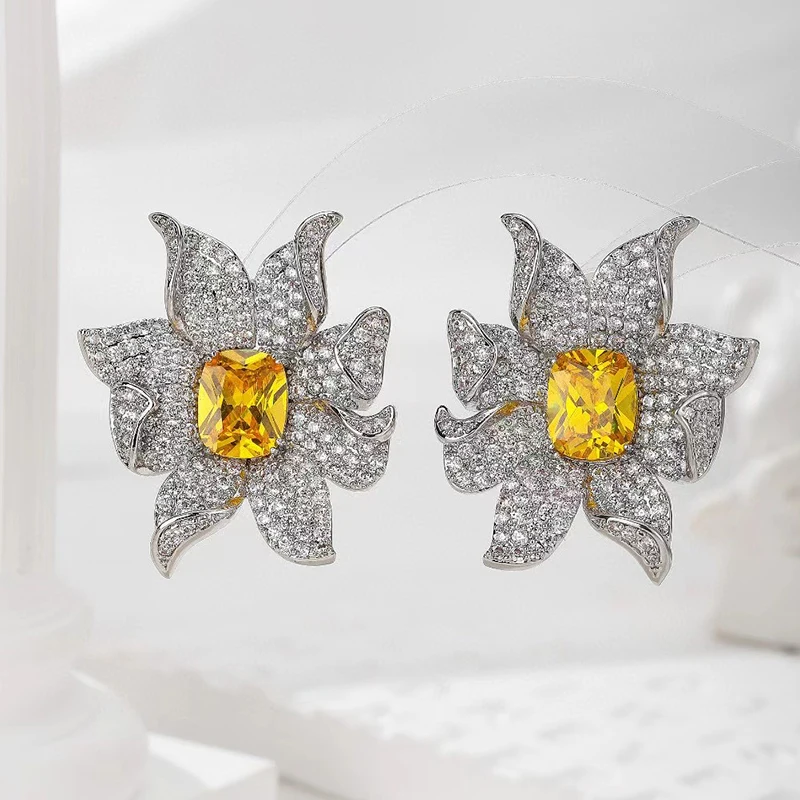 SENYU Flame Flower Luxury Big CZ Stud Earring Pave Big Geometric Stone Exquisite Party Jewelry Indian Earring