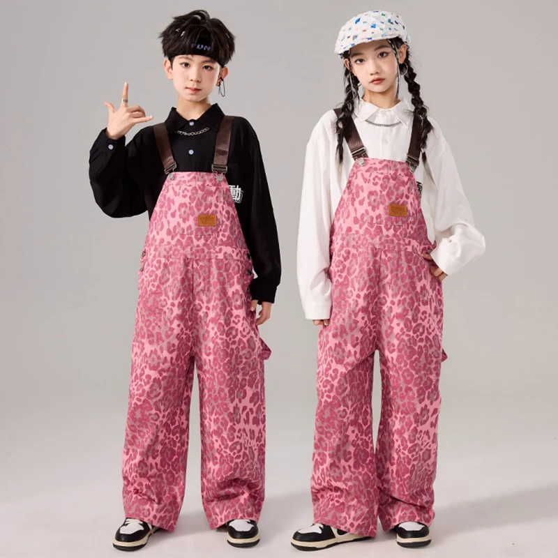 

Children Hip Hop Dance Set Boys Street Dance Costume Girls Fashion Jazz Clothing Black White Shirt Pink Leopard Overalls AMY1255