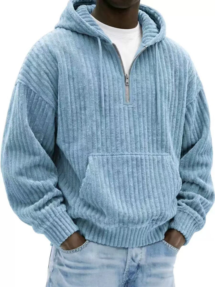 Vintage Tie-up Pullover Mens Fall Winter Corduroy Hooded Sweatshirts Men Fashionable Solid Color Zipper Long Sleeve Polo Shirts