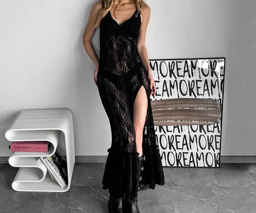 

Sexy Perspective Lace Dress 2026 Summer Small Black Dress V-neck Strap Long Dress Women's Wear