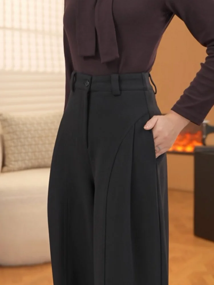 المرأة الصوف بنطال ذو قصة أرجل واسعة فضفاض ثني Thiened الخريف الشتاء عادية بلا بنطلون تنحيف عالية الخصر مستقيم قطع بنطلون