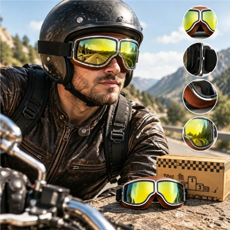 Classic Vintage Motorcycle Goggles with Free Storage Case Dust Shield Eyewear for Mud Track Motocross Riding