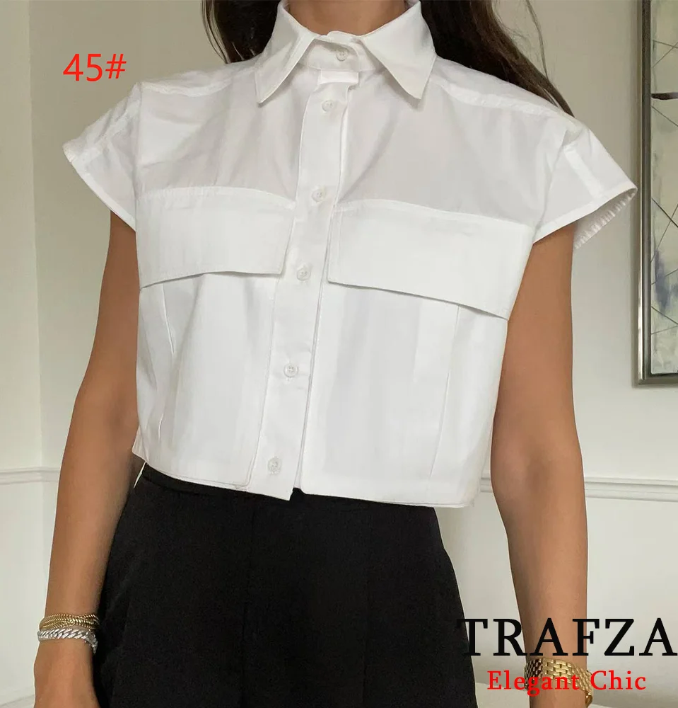 TRAFZA Basic Casual Sleeveless Short-Shirt Women\'s Pocket Lapel Buttons Shirt New 2024 Summer Fasion Holiday Commuter Outfit Top