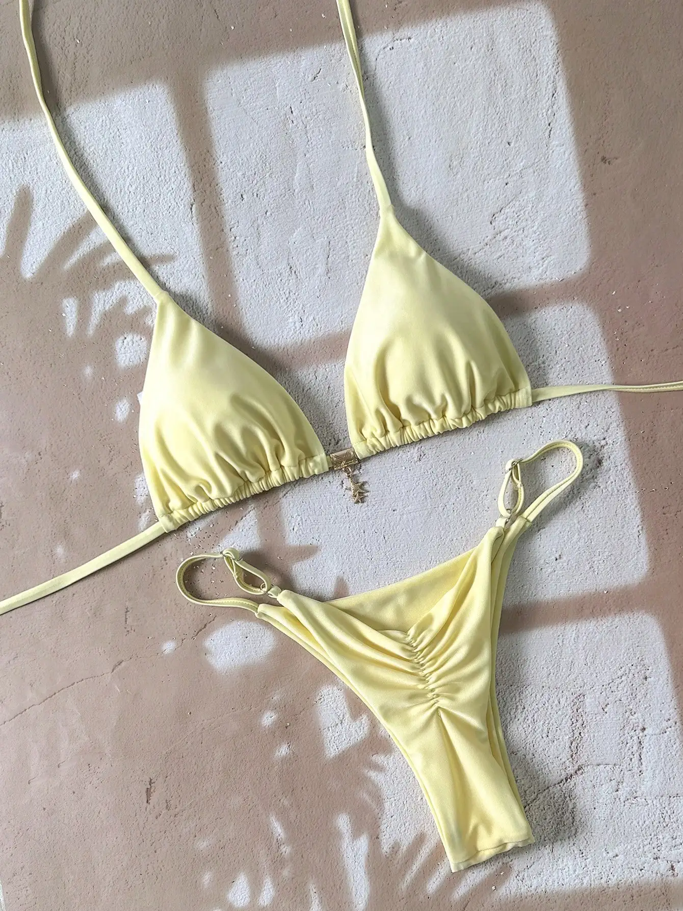 

Solid Color Triangle Bikini Set With Adjustable Straps And Metal Star Charm