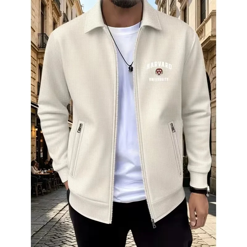 Men's Collared Zipper Jacket College Print Waffle Texture Casual Autumn Coat Long Sleeve Prepp Style