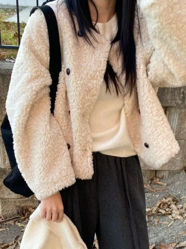 Retro Casual Zweireiher Lamm Pelz ort Mantel frauen Kleine Größe Nette Anti-Aging runde Ne Top Koreanische sle Lose Fit