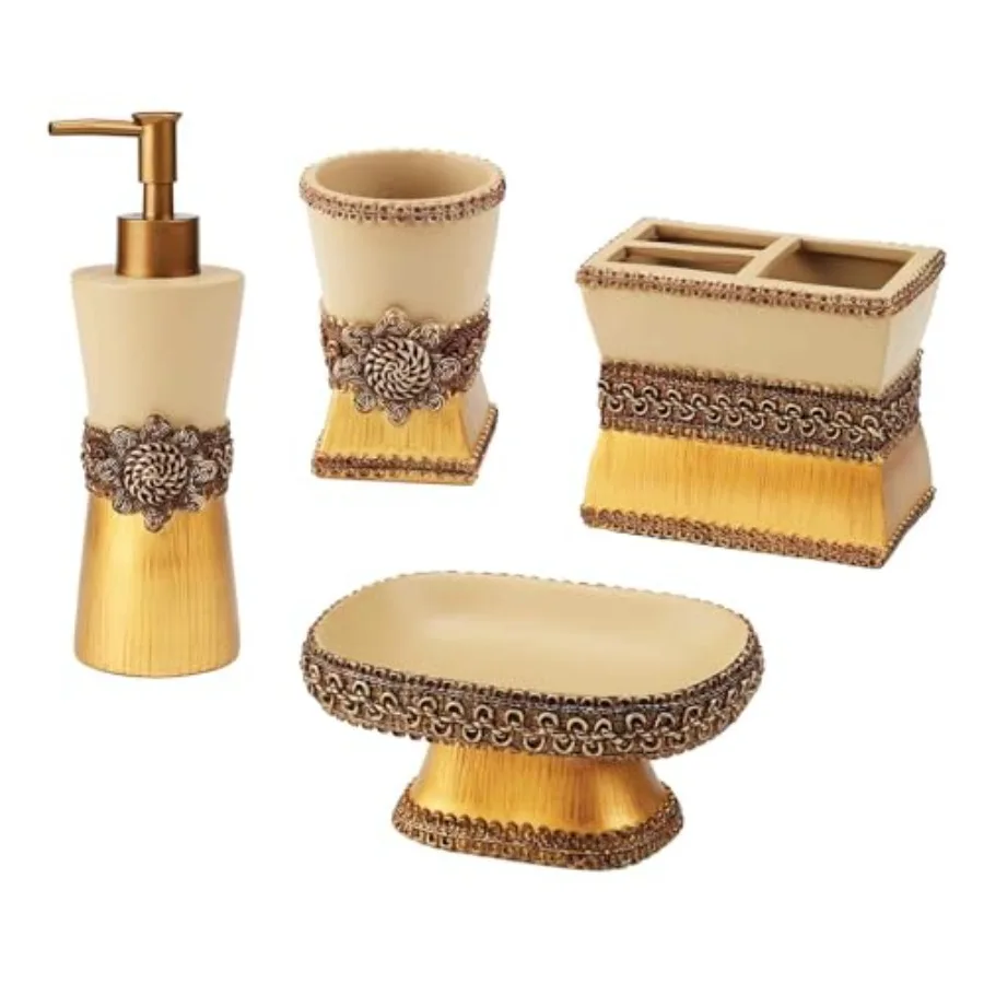 

Набор аксессуаров: подставка для стакана из смолы, дозатор для мыла и лосьона, декоративный плетеный медальон, коллекция Gold.