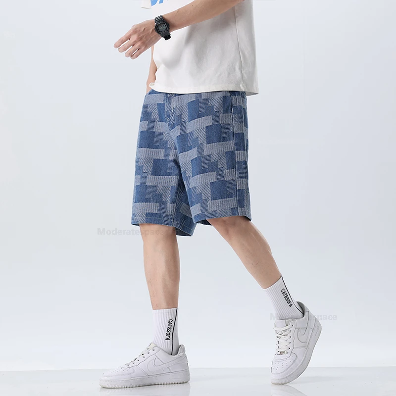 Fashion Plaid Denim Shorts for Men Summer New Straight Casual Splicing Jeans Streetwear Baggy Wide Short Pants Male