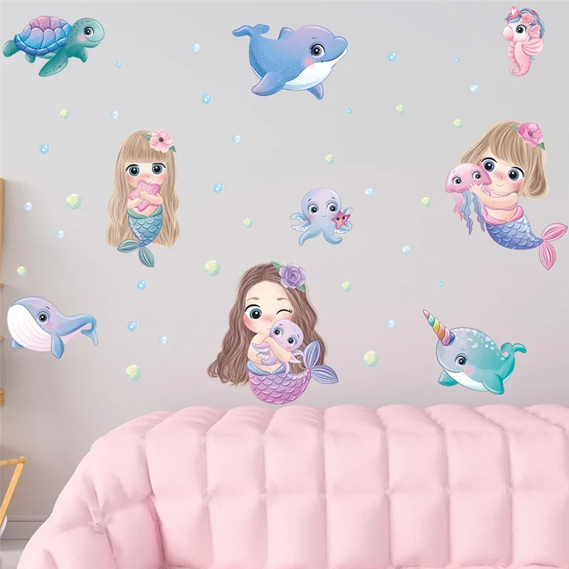Cartoon Mermaid Whale Sealifes Bubble Wall Sticker For Kids Bedroom Bathroom Decoration Ocean Mural Art Home Decals Pvc Poster
