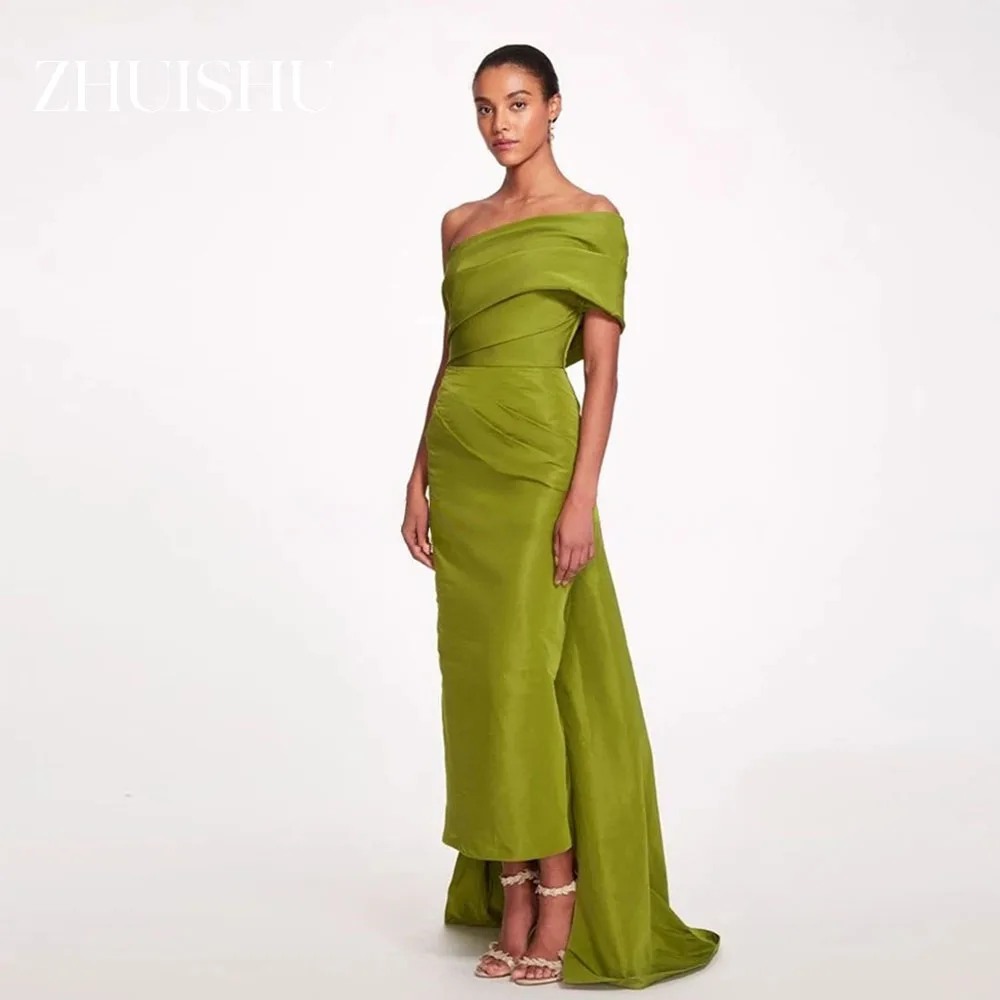 

ZHUISHU One Shoulder Green Straight Prom Dresses Arabic Women Party Gowns Taffeta Pleats Formal Occasion Gowns Customized