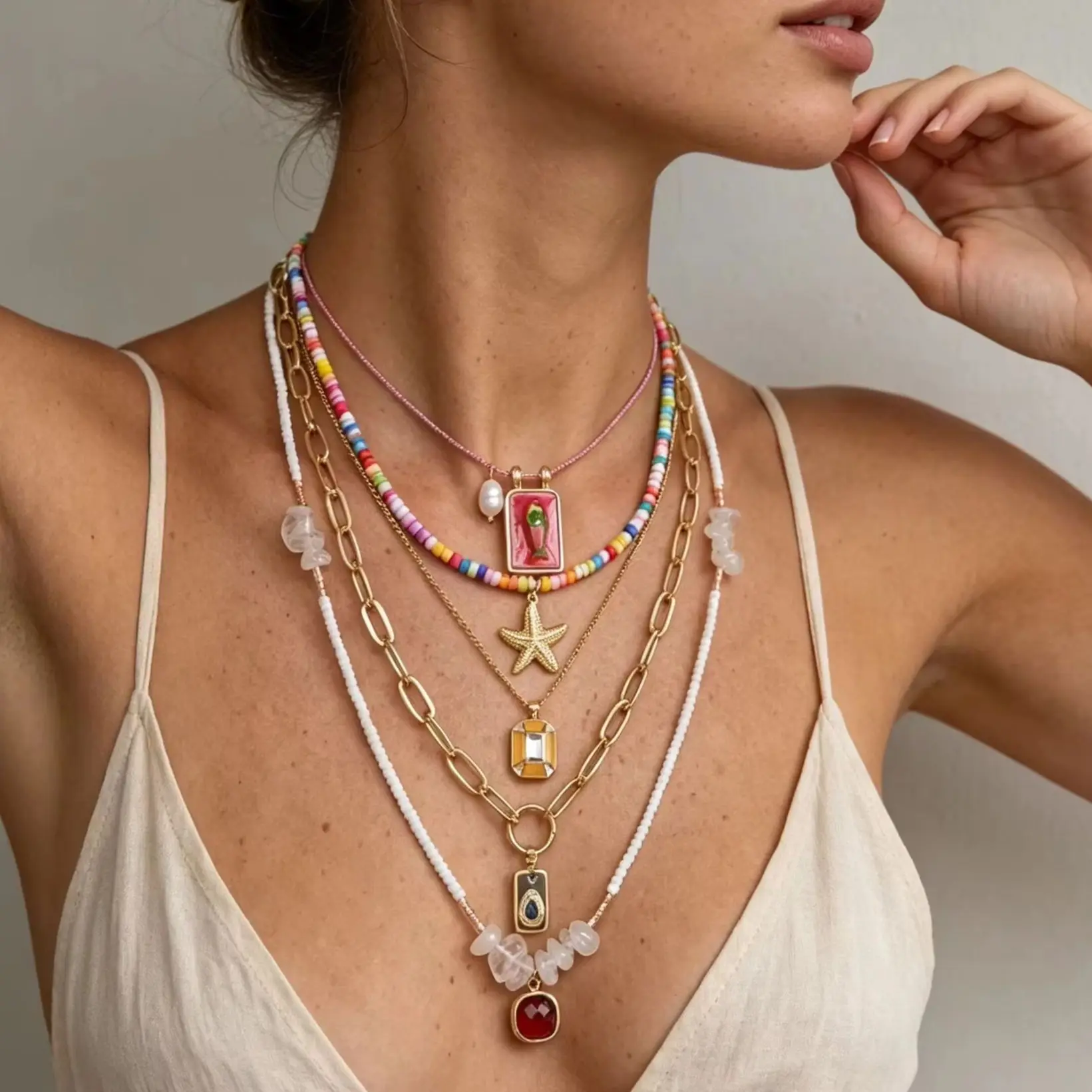 

Bohemian Multi-Layered Shell Bead Woven Necklace for Women Summer Vacation Style Drop Oil Square Fish Tag Starfish Copper Neck