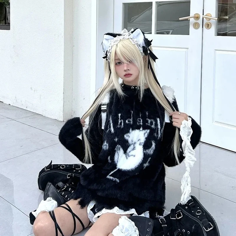 Subculture Demon Kitten Sweater Women Anime Long Sleeve Black Knit Pullover Fall Winter O Neck Loose Casual Harajuku Y2K Top