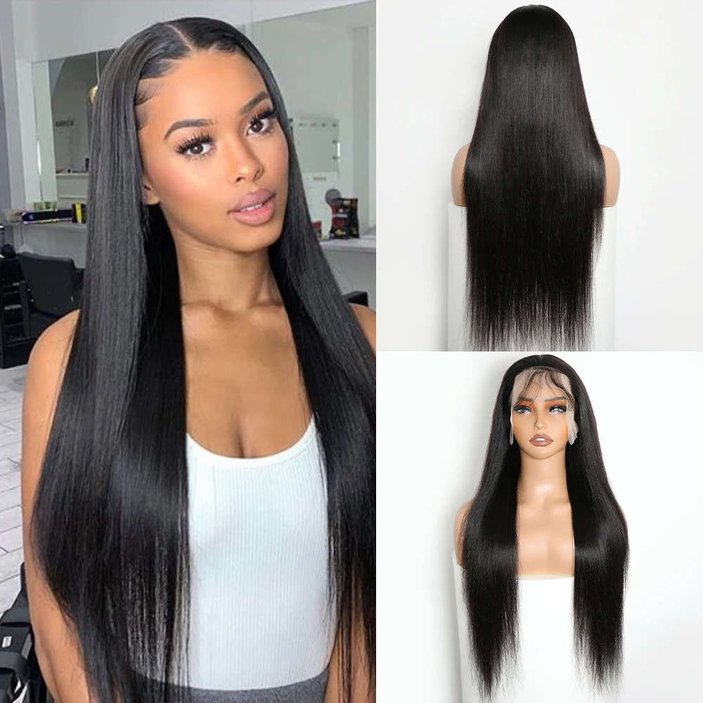 

ALIBELE Human Hair Lace Front Wig Straight Transparent Lace Frontal Wig Pre Plucked Natural Black 12A Virgin Hair