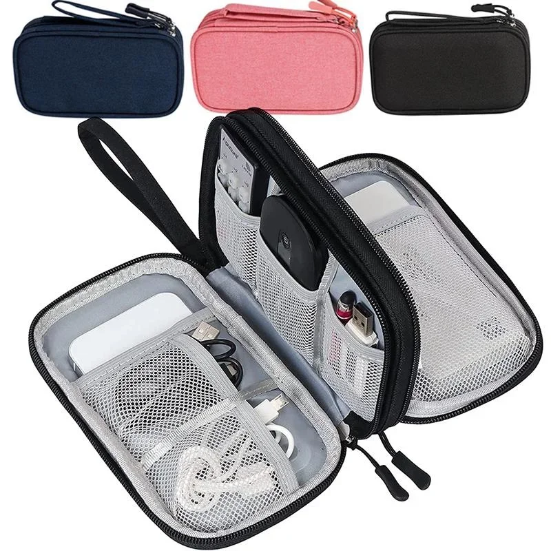 Portable Double Layer Waterproof Cable Organizer Bag Travel Storage Pouch Carry Case for Headphone Cord USB Cable Accessories