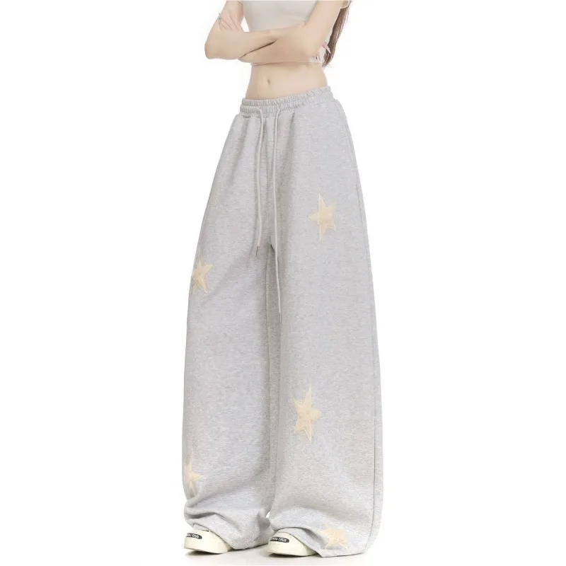 

American Retro Star Embroidered Sports Pants for Women Loose and Lazy Wide-leg Trousers