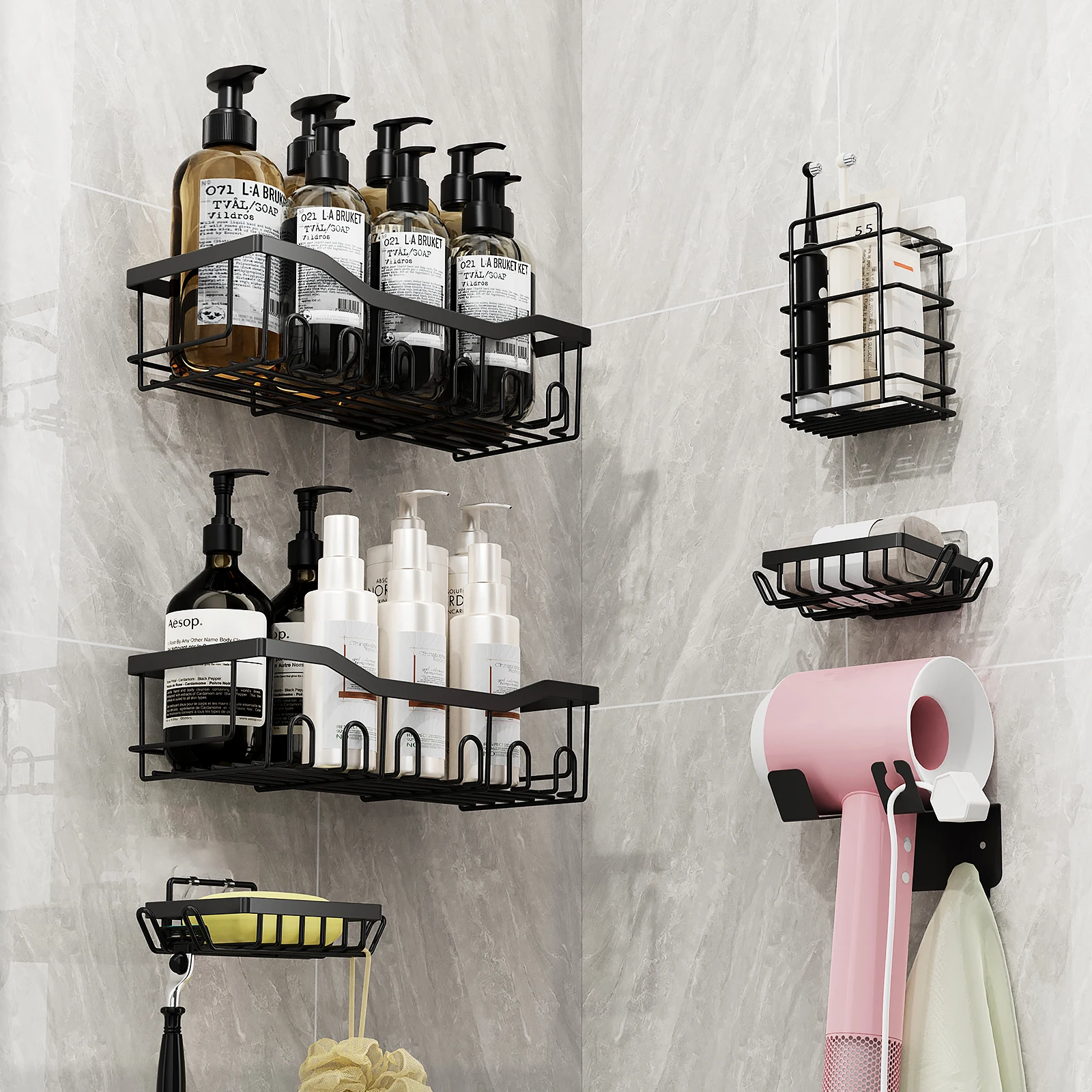 6pcs/set Bathroom Storage Rack Kitchen Organizer Shelf Black Shelves Corner Frame Iron Shower Punch Free Mounted Caddy Rack