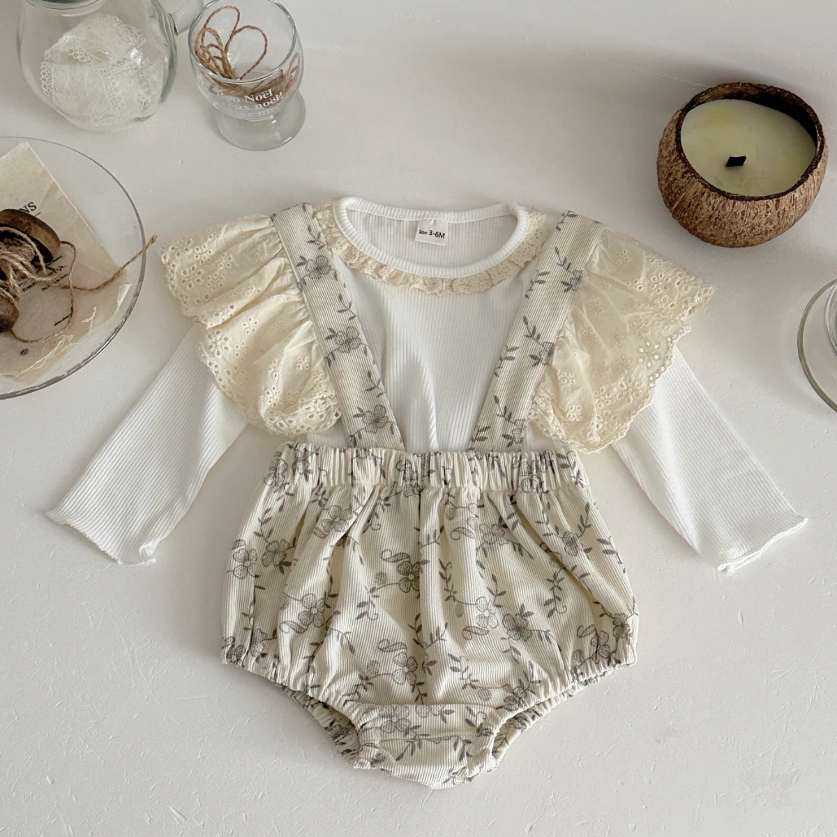 Newborn Baby Girl Suspender Romper with Floral Print Long Sleeve Lace Ruffle Under Top 2 Pieces Spring Outfit Set