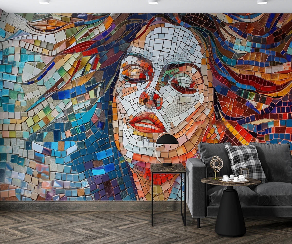 Milofi custom wallpaper, mural, colorful blocks, composed of beautiful women's facial illustrations, living room home decoration