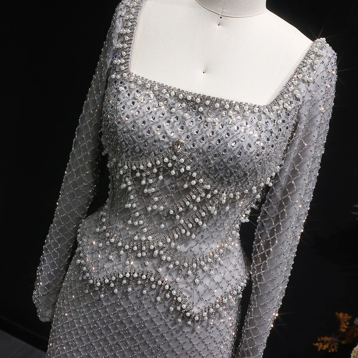 Sharon Said Luxury Dubai Gray Crystal Evening Dress with Long Sleeves Arabic Women Wedding Formal Party Gowns SS633 Customized image 4