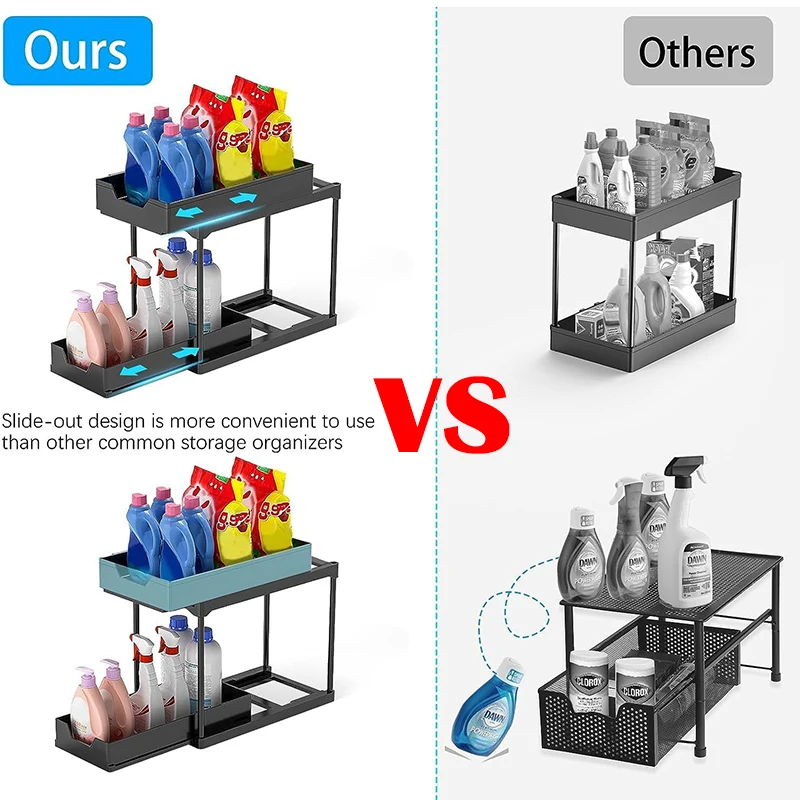 Imagem -03 - Duplo Deslizando sob os Organizadores da Pia Armazenamento Que Economiza Espaço Organizador de Armário Lavável de Cozinha com Ganchos sob a Prateleira da Pia Camadas