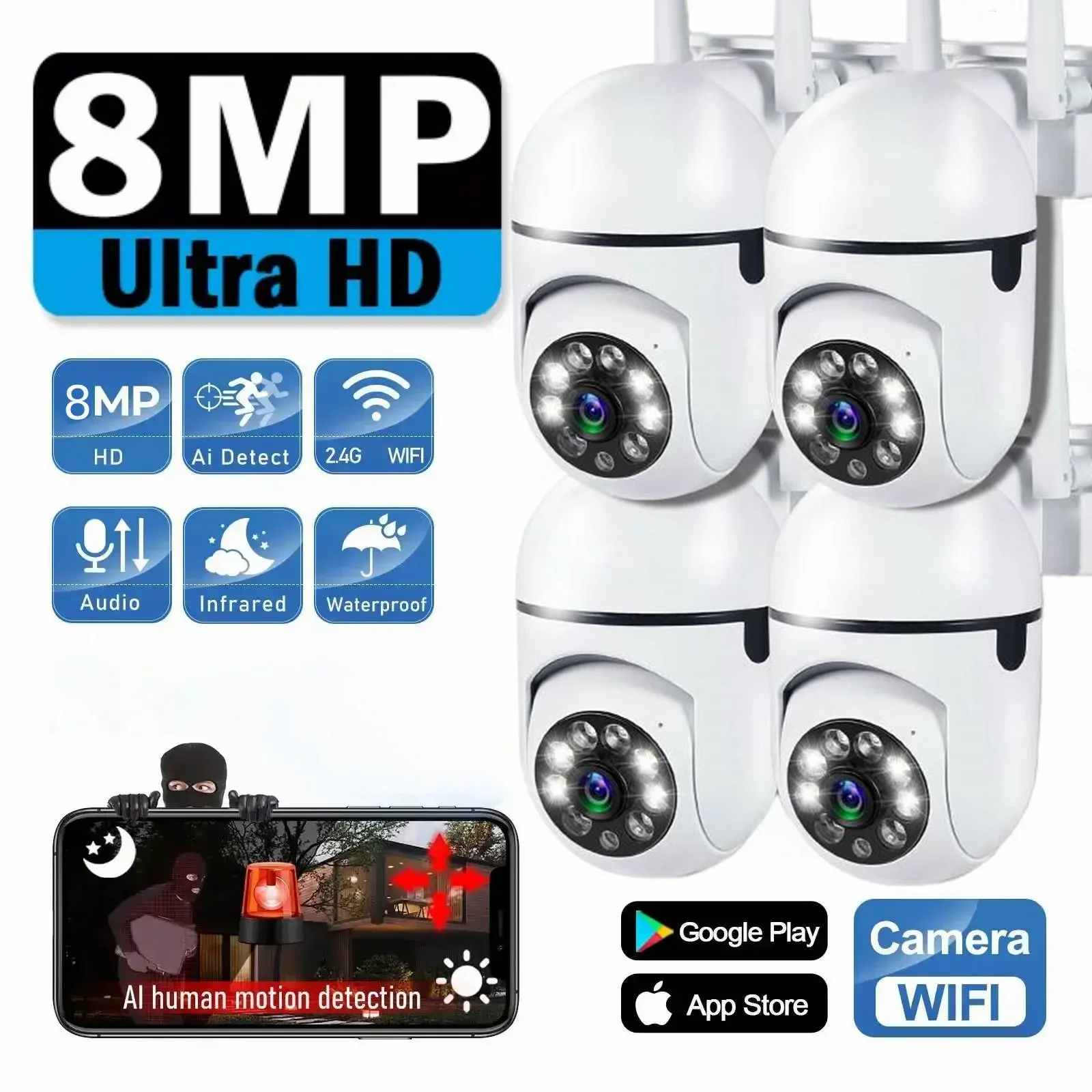 

8MP Wifi Wireless Security Monitor Cameras Color Night Vision PTZ Cam Smart Home CCTV HD Surveillance Camera AI Human Tracking