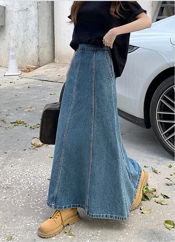 S-XL Blauwe Lange Denim Rok 2024 Koreaanse Stijl Losse Hoge Taille Rechte Lange Jeans Rokken Stijl