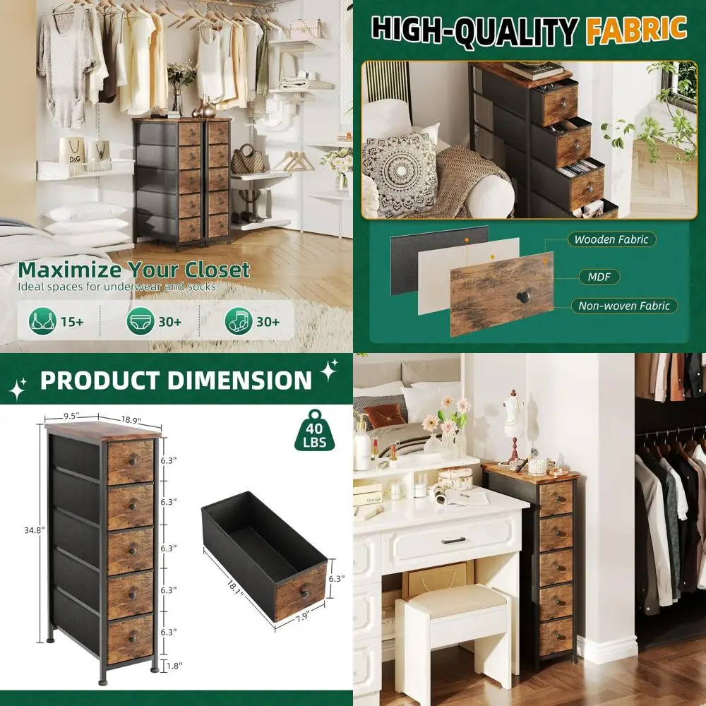 

Узкая тумба для хранения шириной 19 дюймов с 5 выдвижными ящиками, тканевыми контейнерами и деревянной столешницей для небольших помещений: спальни, ванной комнаты, гардеробной