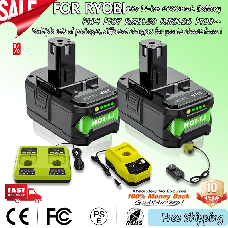 High Capacity 6.0ah 18V for Ryobi P108 Li-ion Battery Replacement P108 P102 P103 P104 P107 BPL1820 RB18L50 Power Tool Baterry