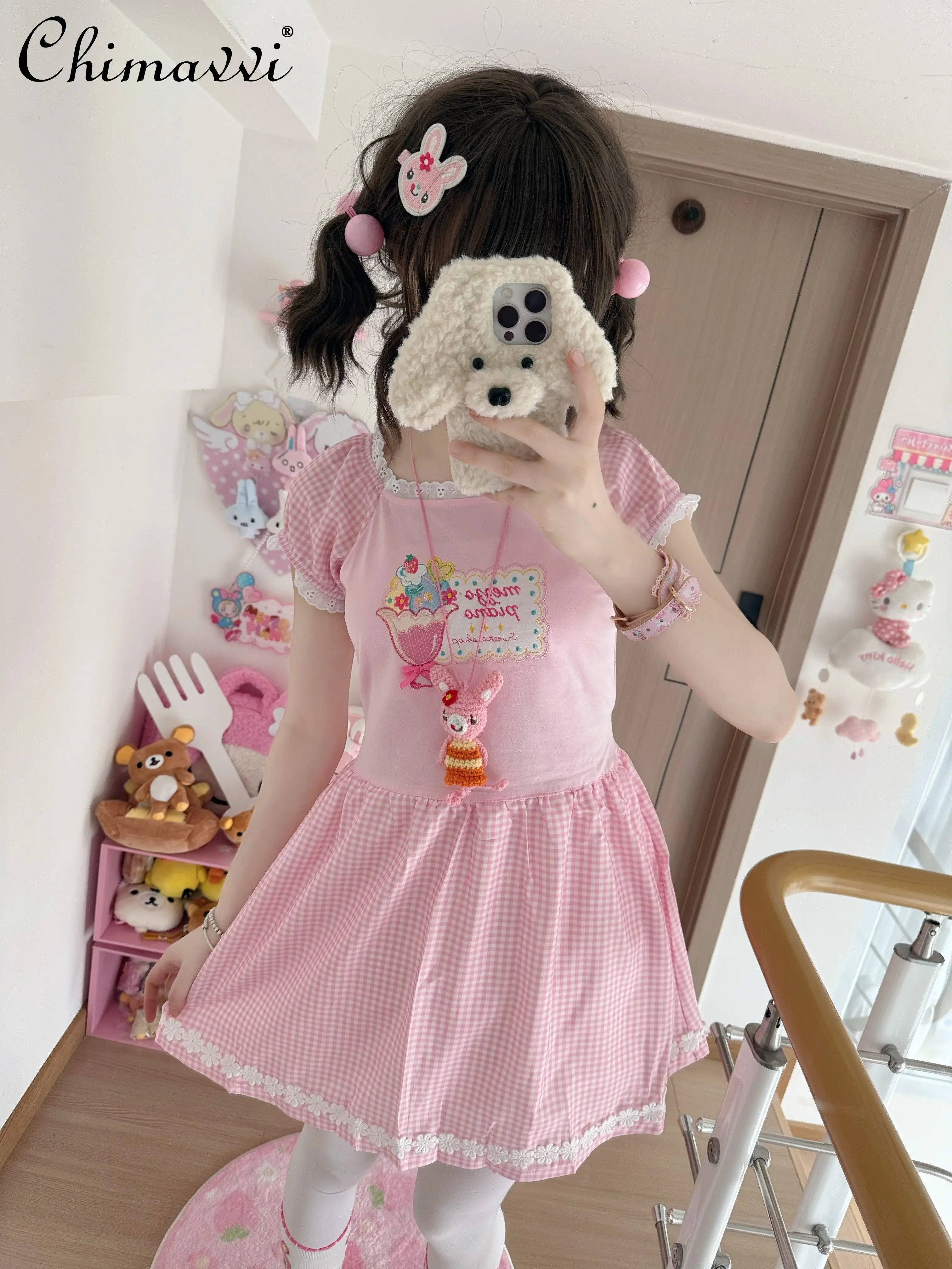 

Japanese Style Cute Piano Rabbit Girl's Dress Summer New Sweet Girls Pink Embroidered High-waisted Kawaii Lolita Short Dress
