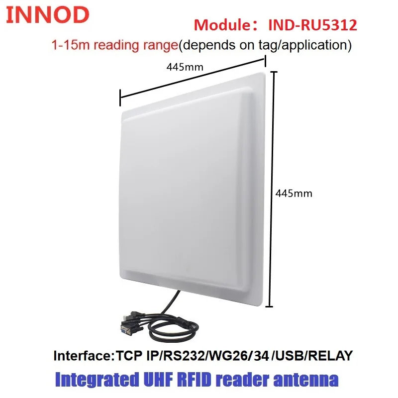 Imagem -02 - Leitor Uhf Rfid com 15m de Longo Alcance Usb Rs232 Wg26 34 Interface de Relé Antena Embutida de Ganho 12dbi Sdk Livre para Estacionamento