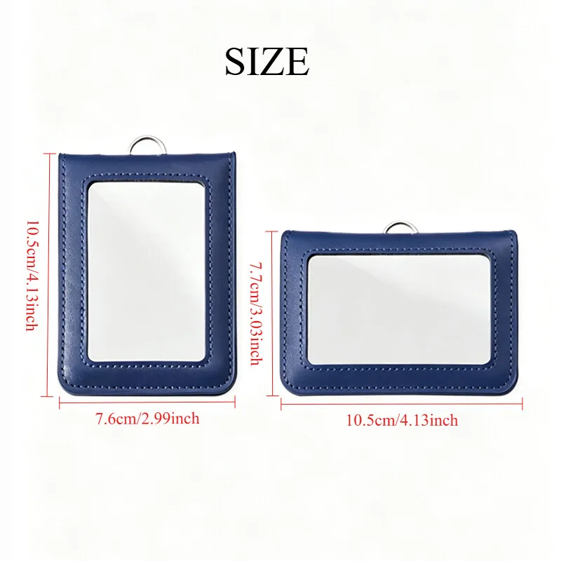 Unisex Cowhide Folding ID Card Holder 4 Side Transparent Window Campus Work Bus Subway Travel Badge Case with Lanyard
