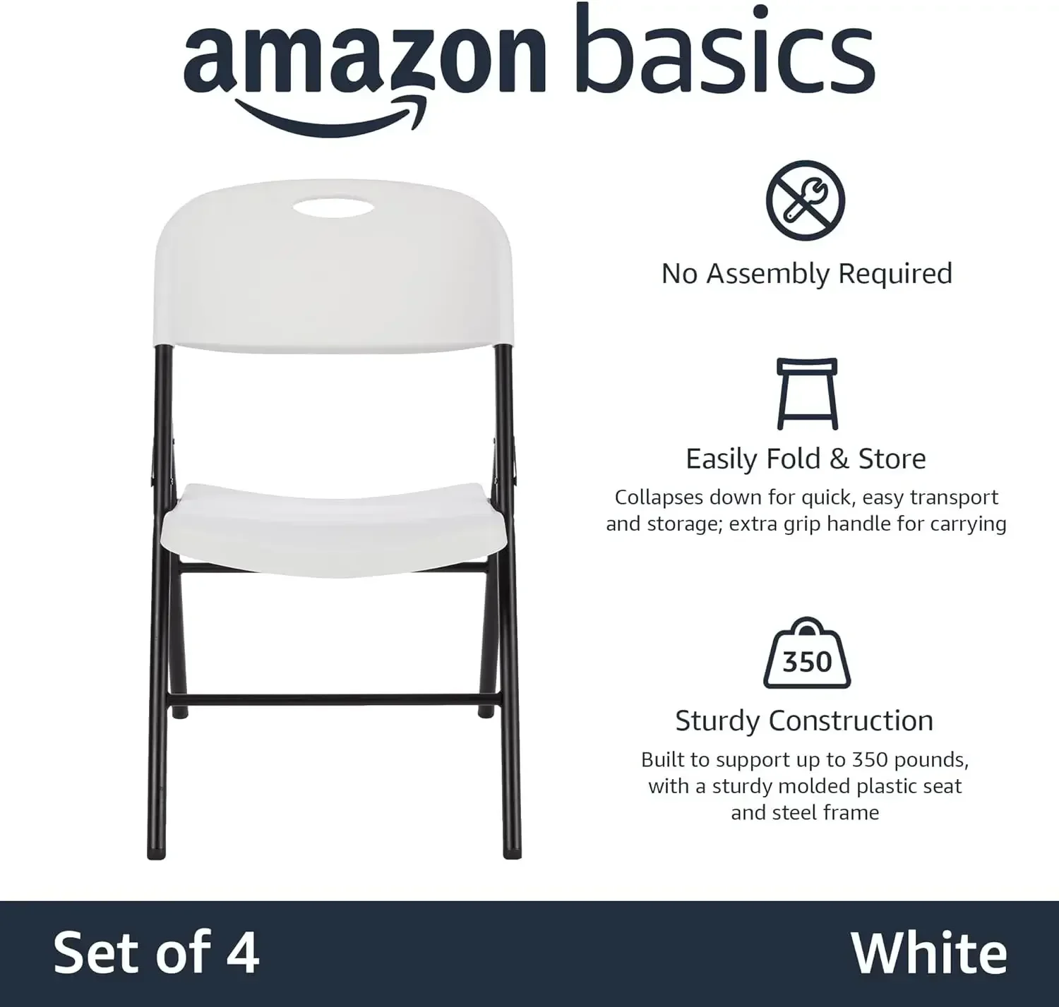 Amazon Basics Silla plegable de plástico, capacidad de 350 libras, color blanco, paquete de 4