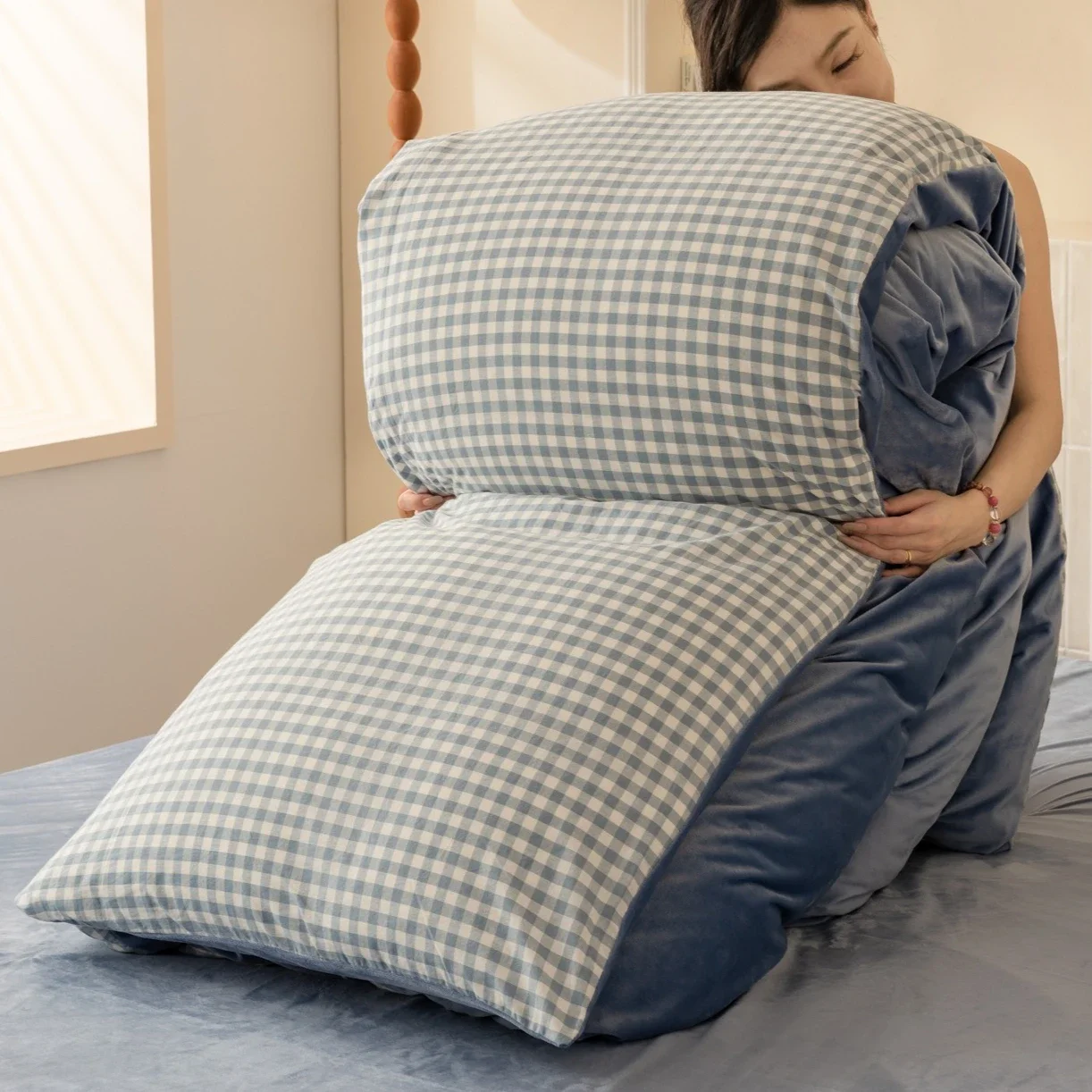 New Thick Warm Winter Quilt and Removable Washable Plush Duvet Cover Plaid Pattern Milk Velvet Double Bed Comforter Fluffy Duvet