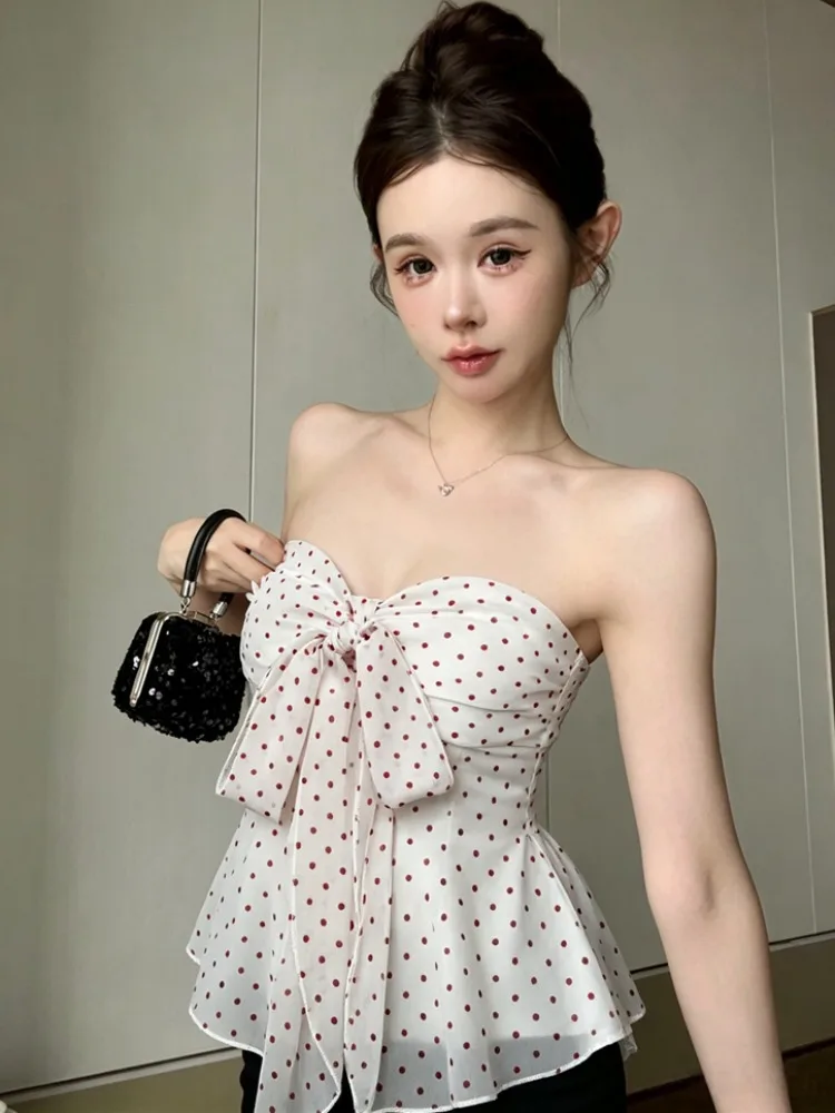 

Sweet Polka Dot Strap Vest Women Summer Knot Waist Design Slimming Effect Sleeveless Top Korean Style Citywalk Fashion