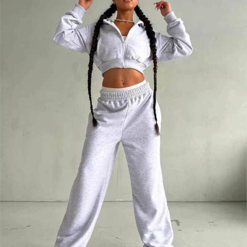 

2025 New Women's Casual Long Sleeve Hooded Cropped Zip-Up Cardigan & Drawstring Sweatpants Two-Piece Active Lounge Set