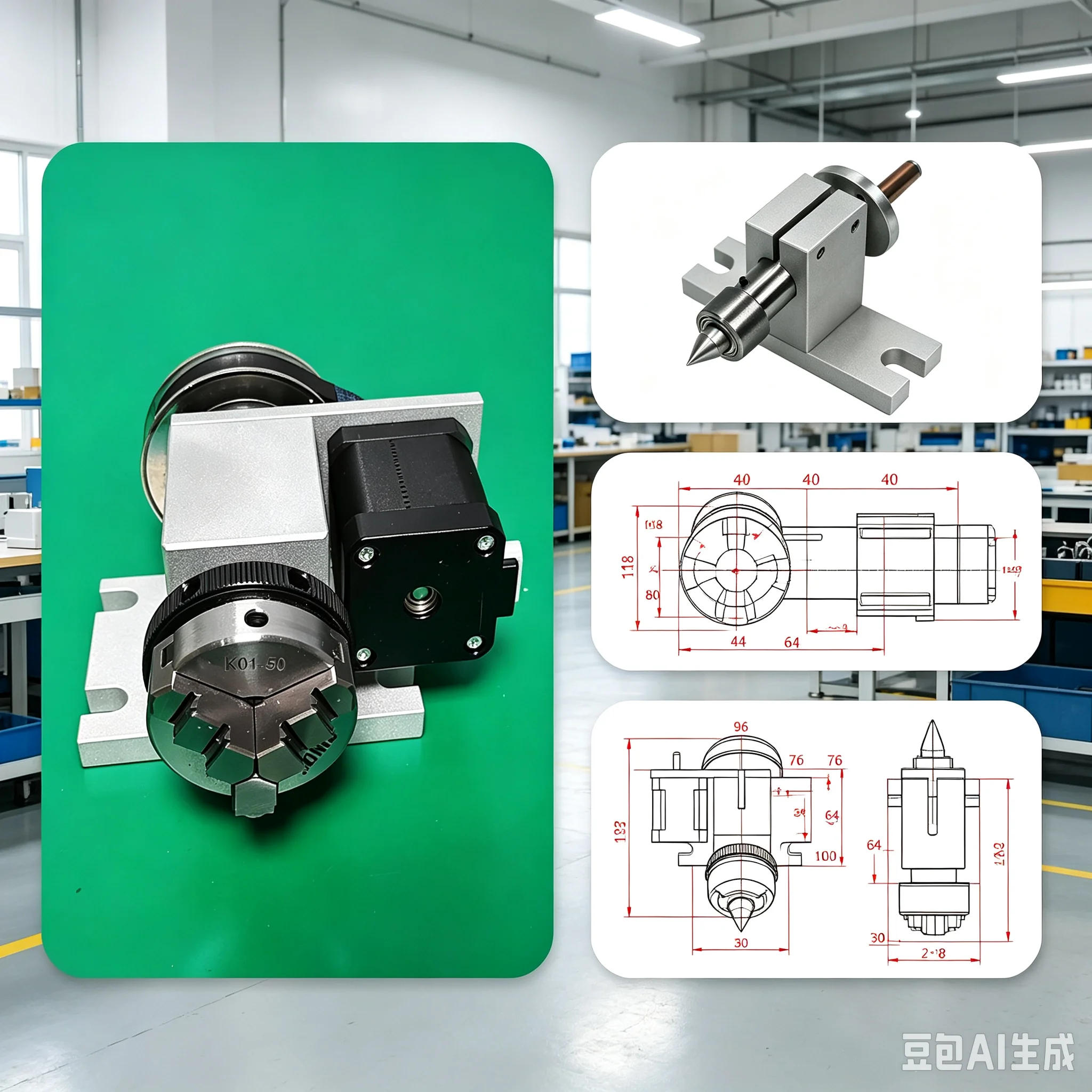 50MM Size Chuck with 44MM Tailstocks Rotary A Axis, 4th Axis for Wood CNC Router Engraving Milling Cutting Machine Carving Tools